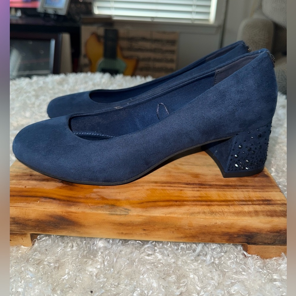 Elegant Navy Blue Suede Block Heels